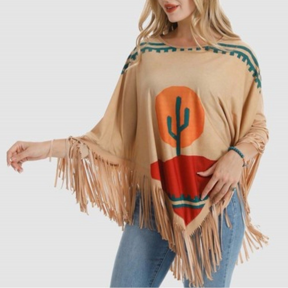 Montana West Tan Poncho with Cactus and Sunset Design